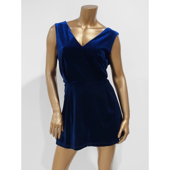 Topshop Navy Blue Velvet Black Lace Open Back Romper Size 10 - Picture 3 of 9